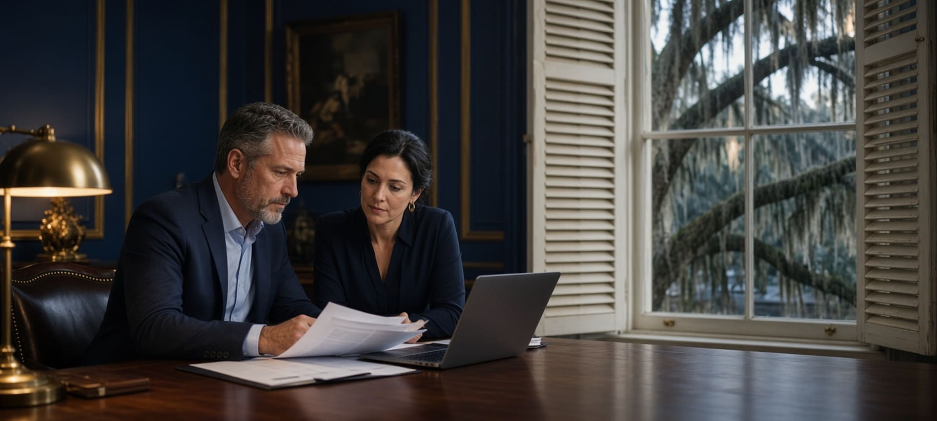 A contractor and an administrator reviewing documents and a laptop in a historic Lowcountry office at dusk