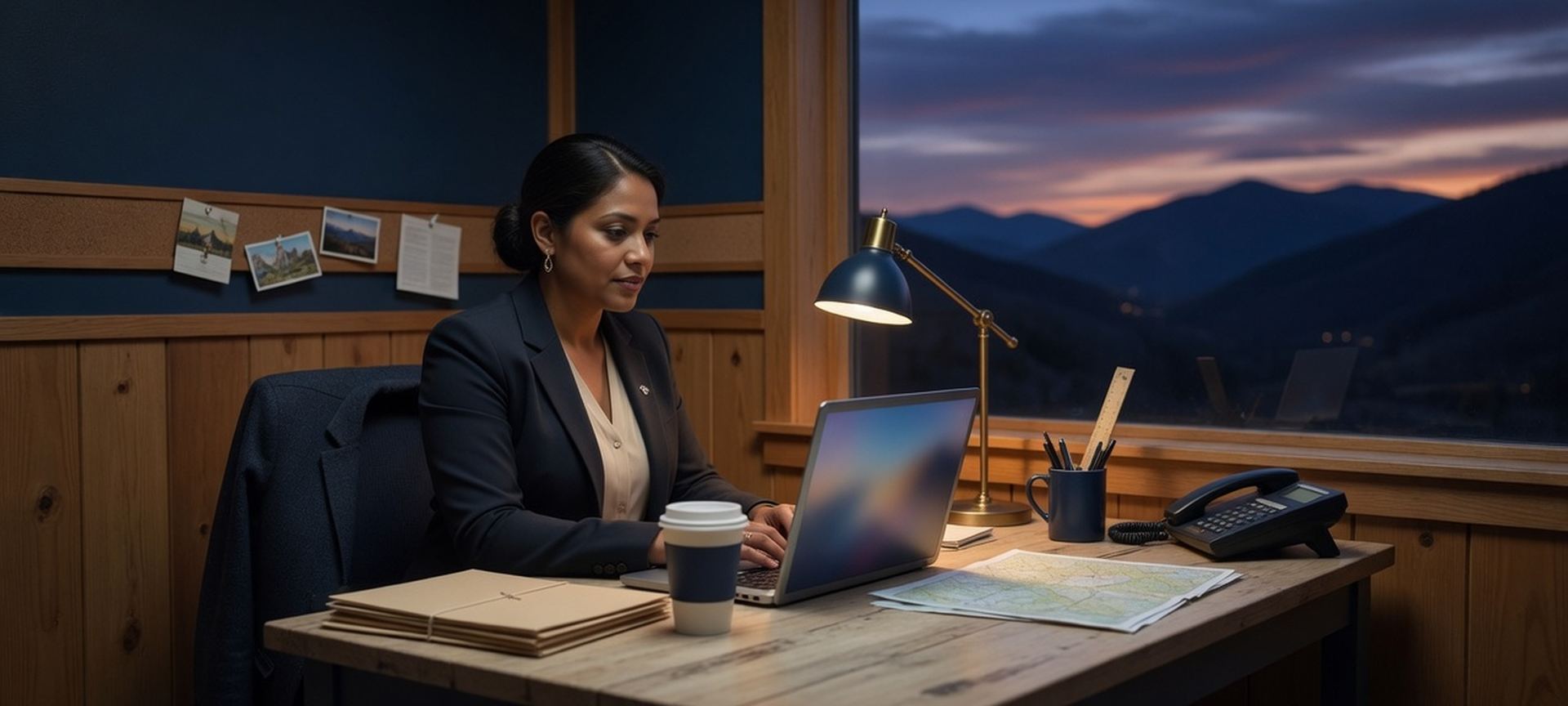 A small tourism-office desk with a laptop and a mountain dusk window