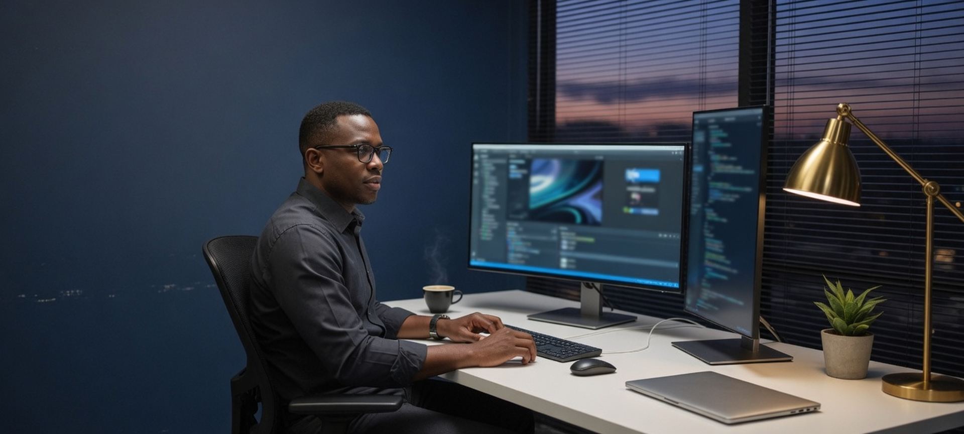 Professionals at a clean software-office desk with dual monitors