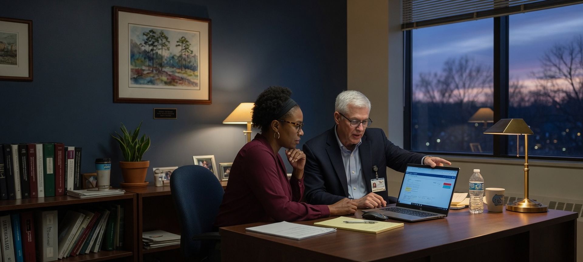 Healthcare administrators reviewing systems on a laptop in a quiet office