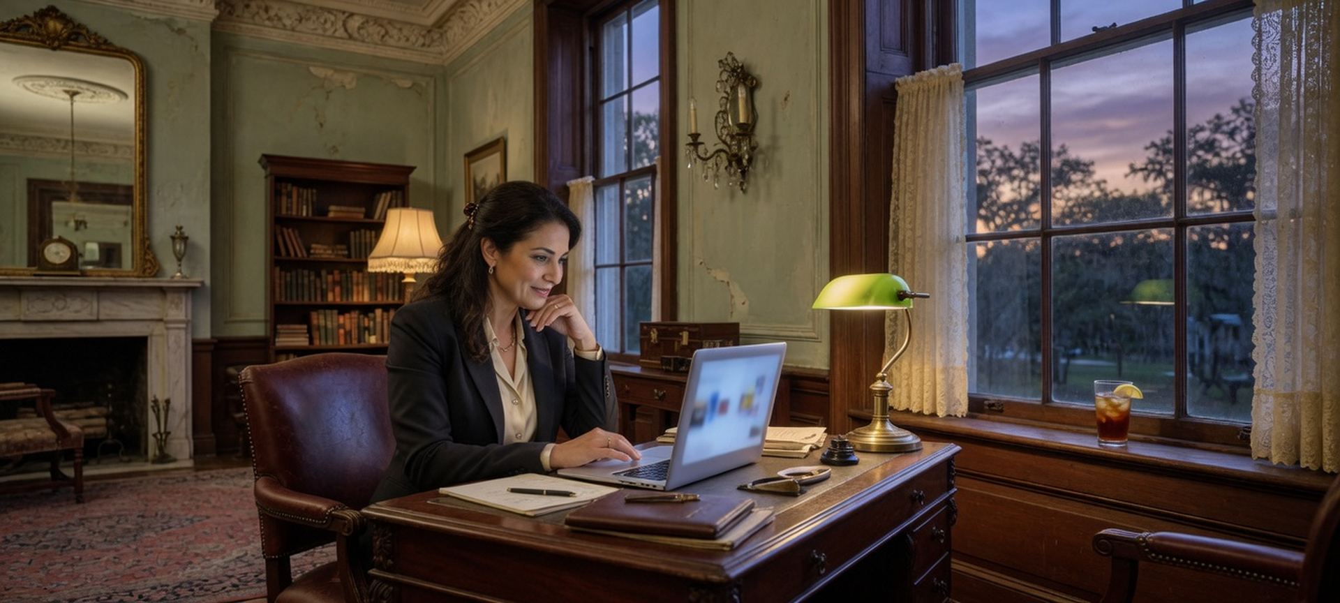 A historic-interior office with a modern laptop and a dusk window