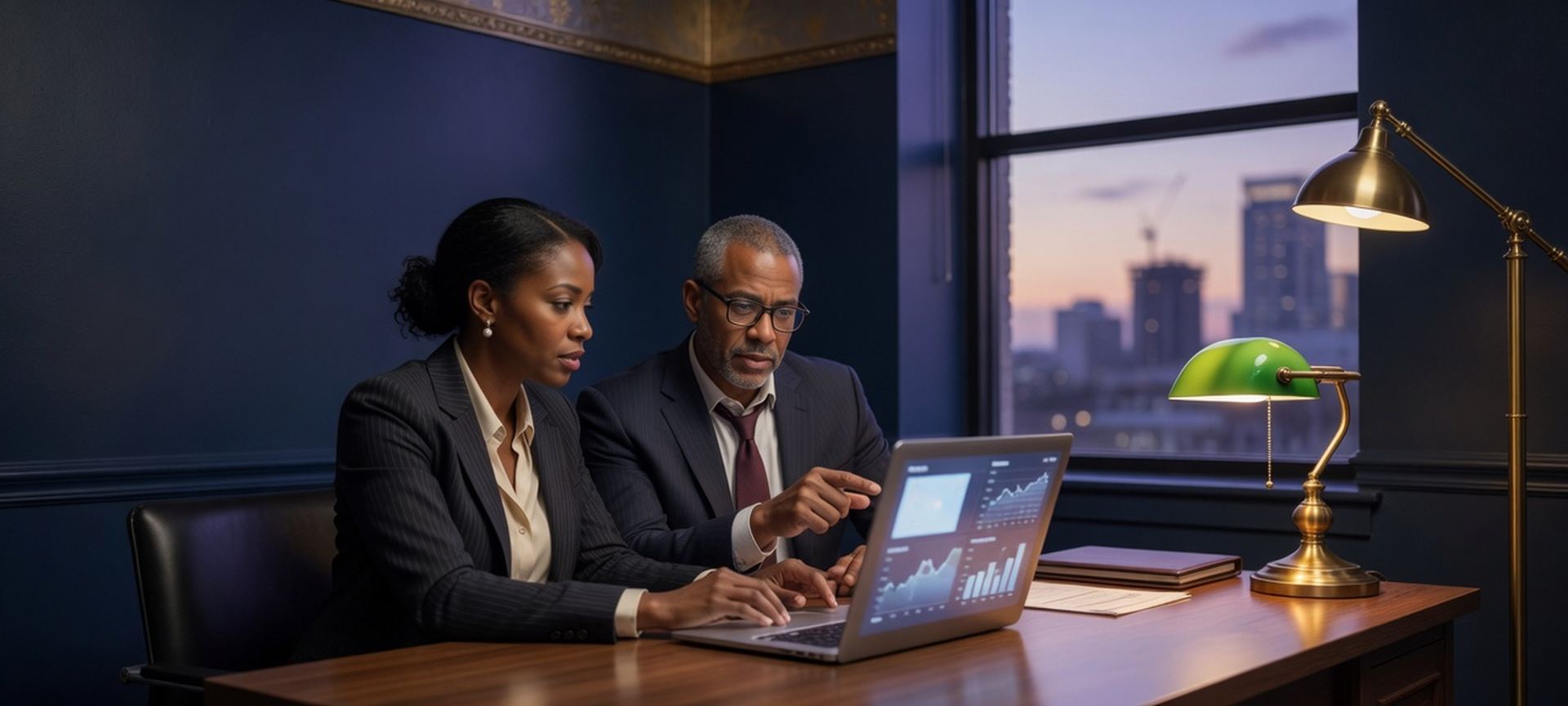 Professionals in a formal dusk office reviewing financial-services work on a computer