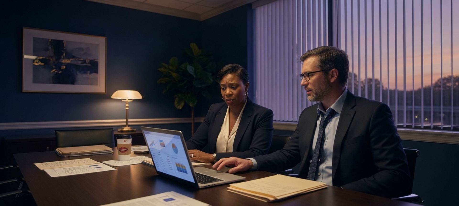 An insurance-and-finance office with two professionals at a conference laptop