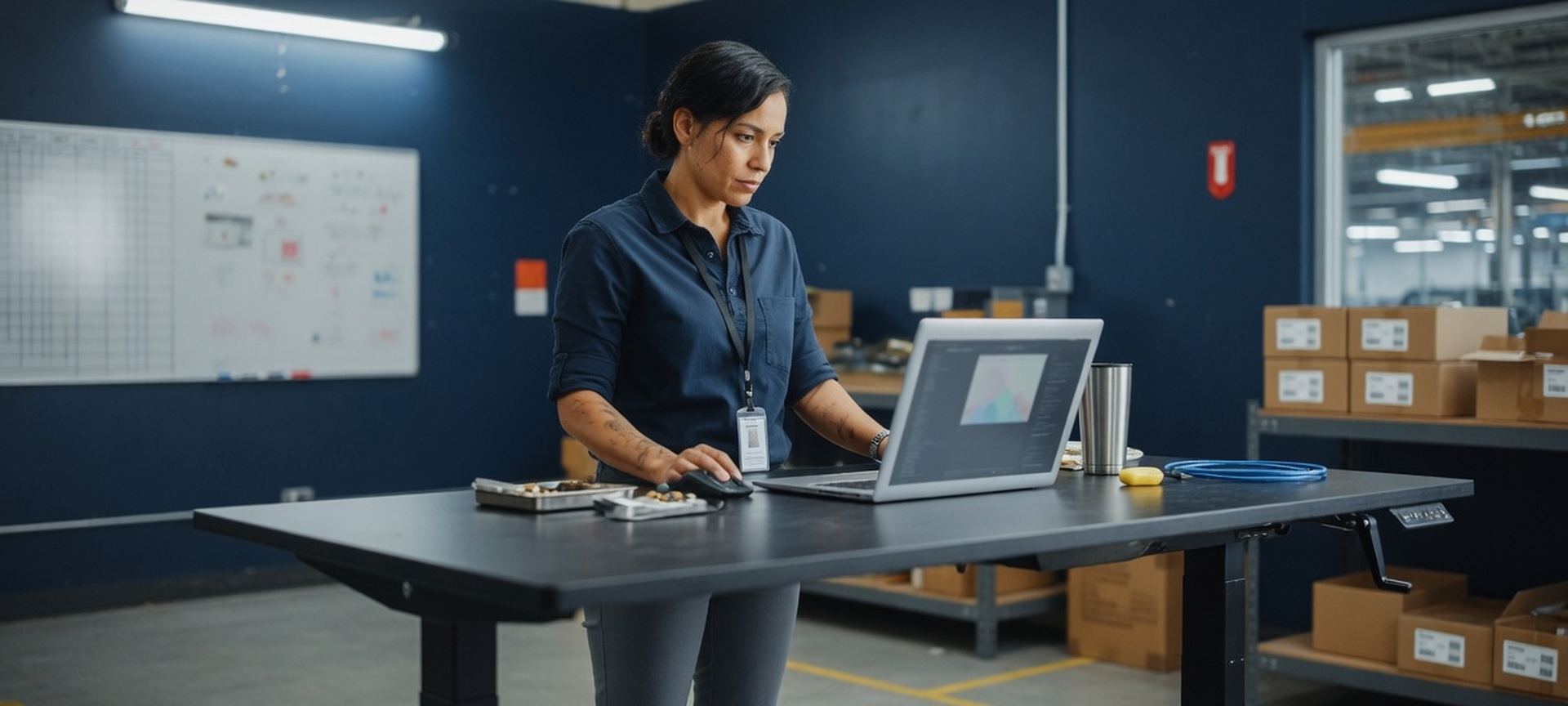 A manufacturing office with a standing desk and a laptop