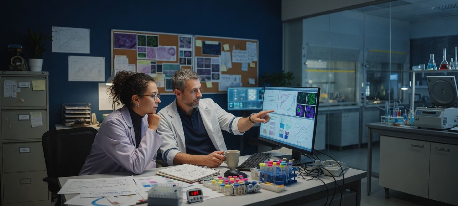 Researchers in an office reviewing life-sciences work on a computer