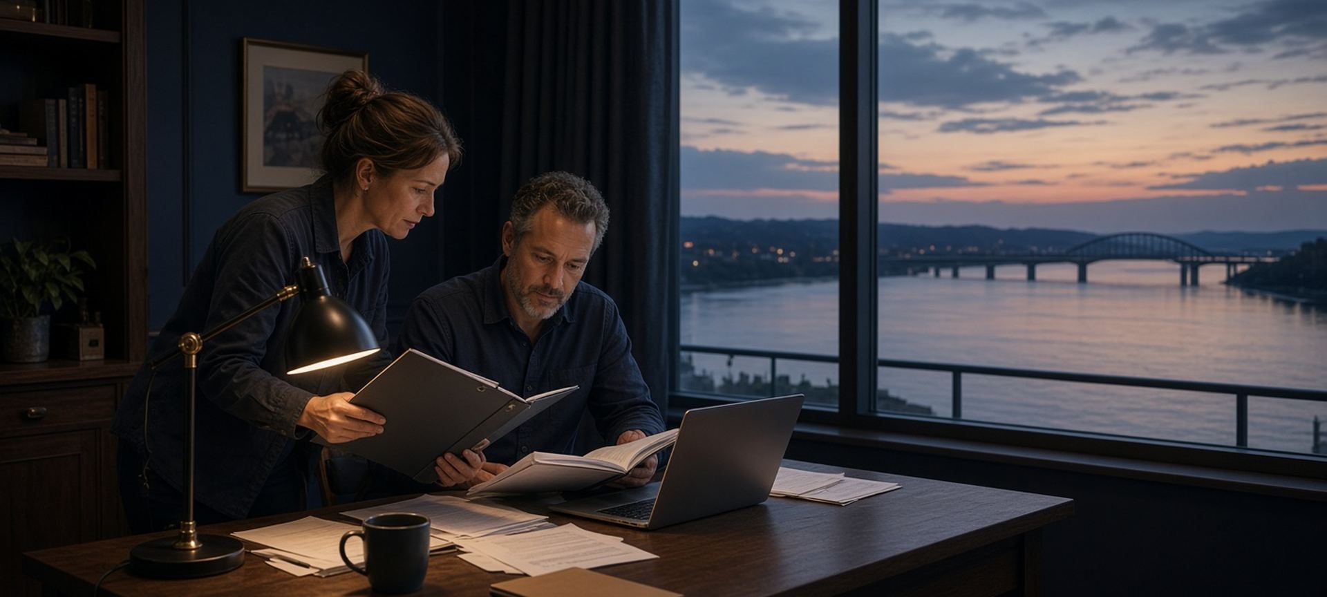 Two staff at a small contractor's office reviewing a laptop by a window overlooking a river at dusk