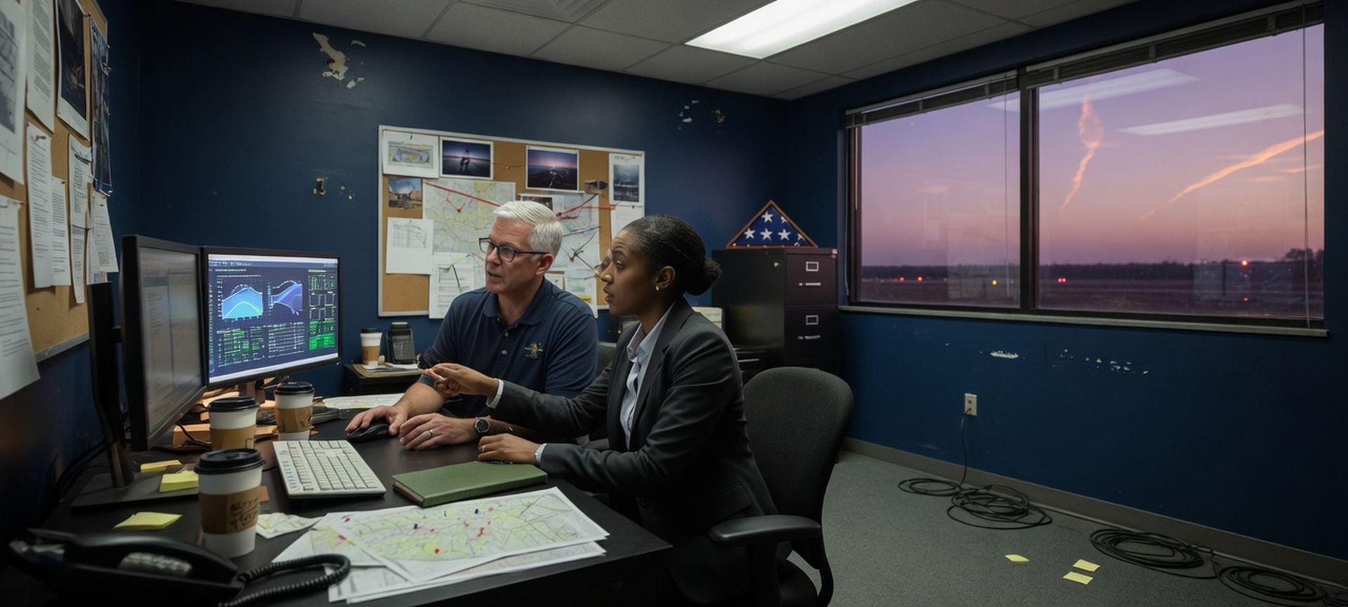 A defense-contractor office with two professionals reviewing a secure-looking workstation
