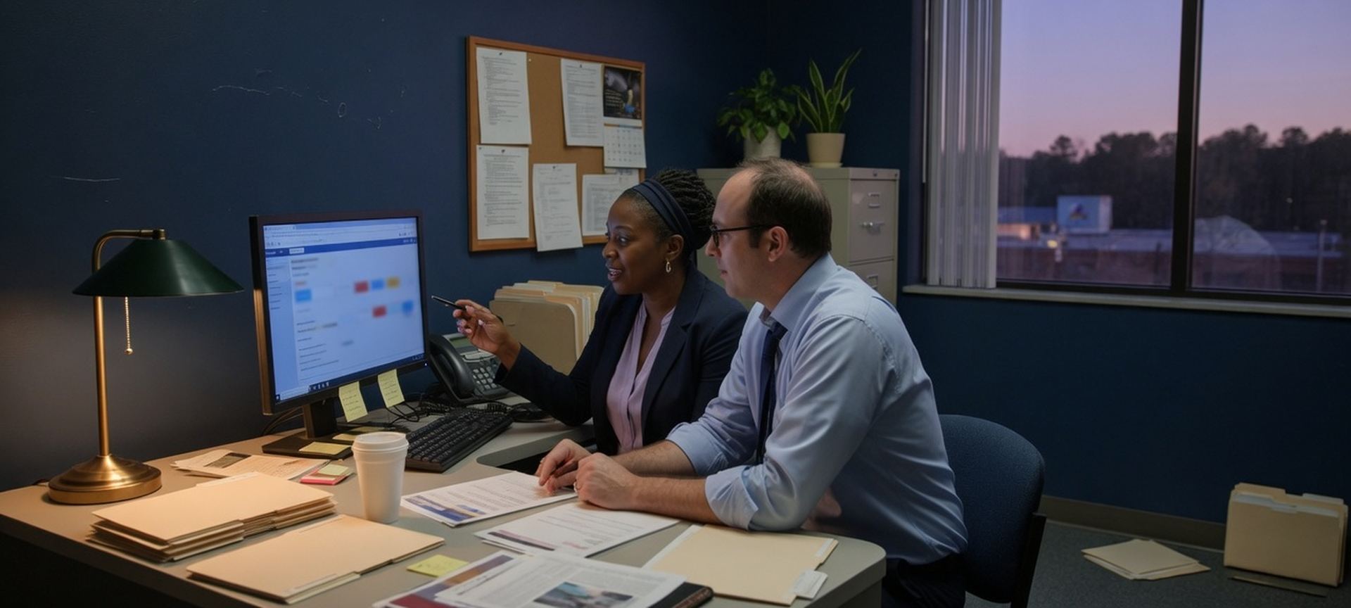A healthcare-administration office with a computer and a quiet lamp