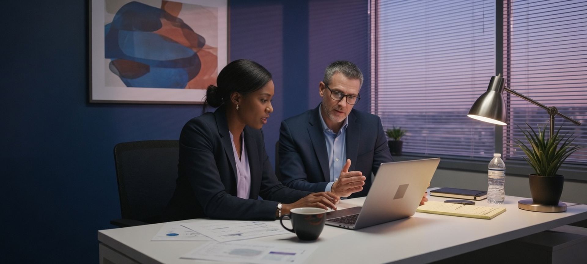 A corporate-office desk with two professionals reviewing a laptop