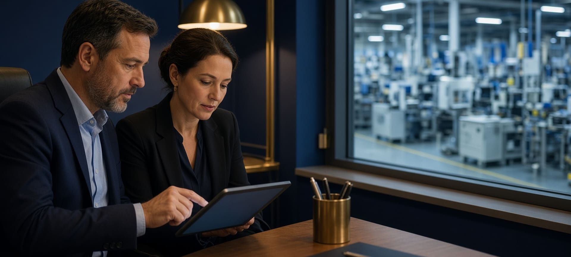 An operations manager and a production planner reviewing a tablet in a plant office at dusk