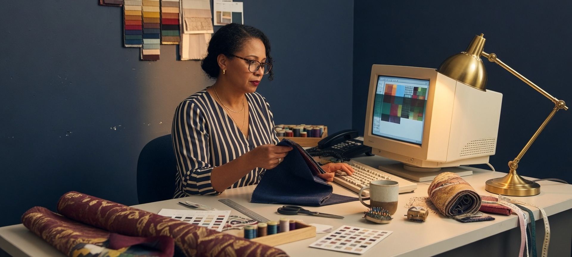 A textiles-office desk with a computer and a brass lamp