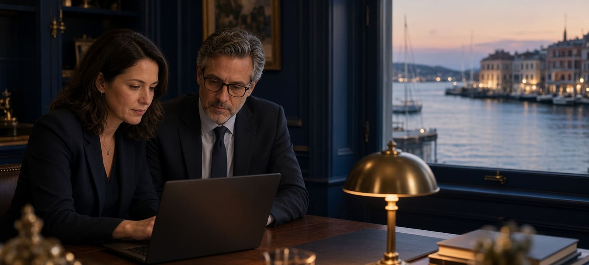 A property manager and an attorney reviewing a laptop in a waterfront office at dusk