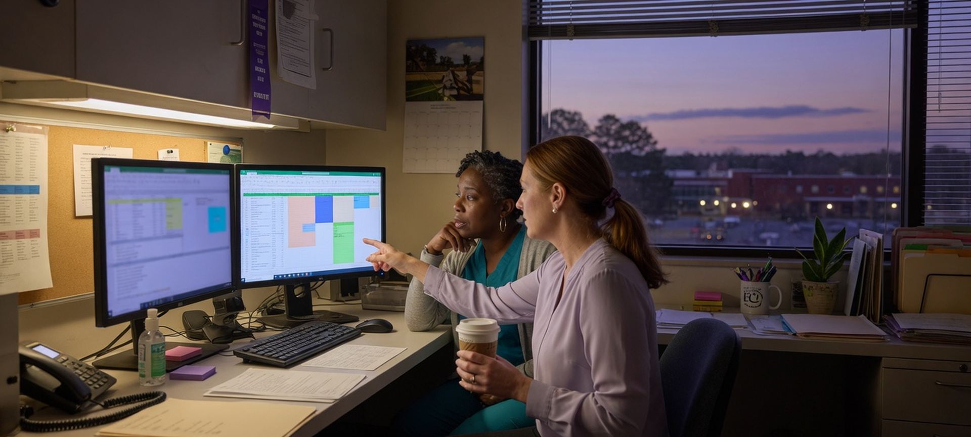 A healthcare-administration office with dual monitors at dusk