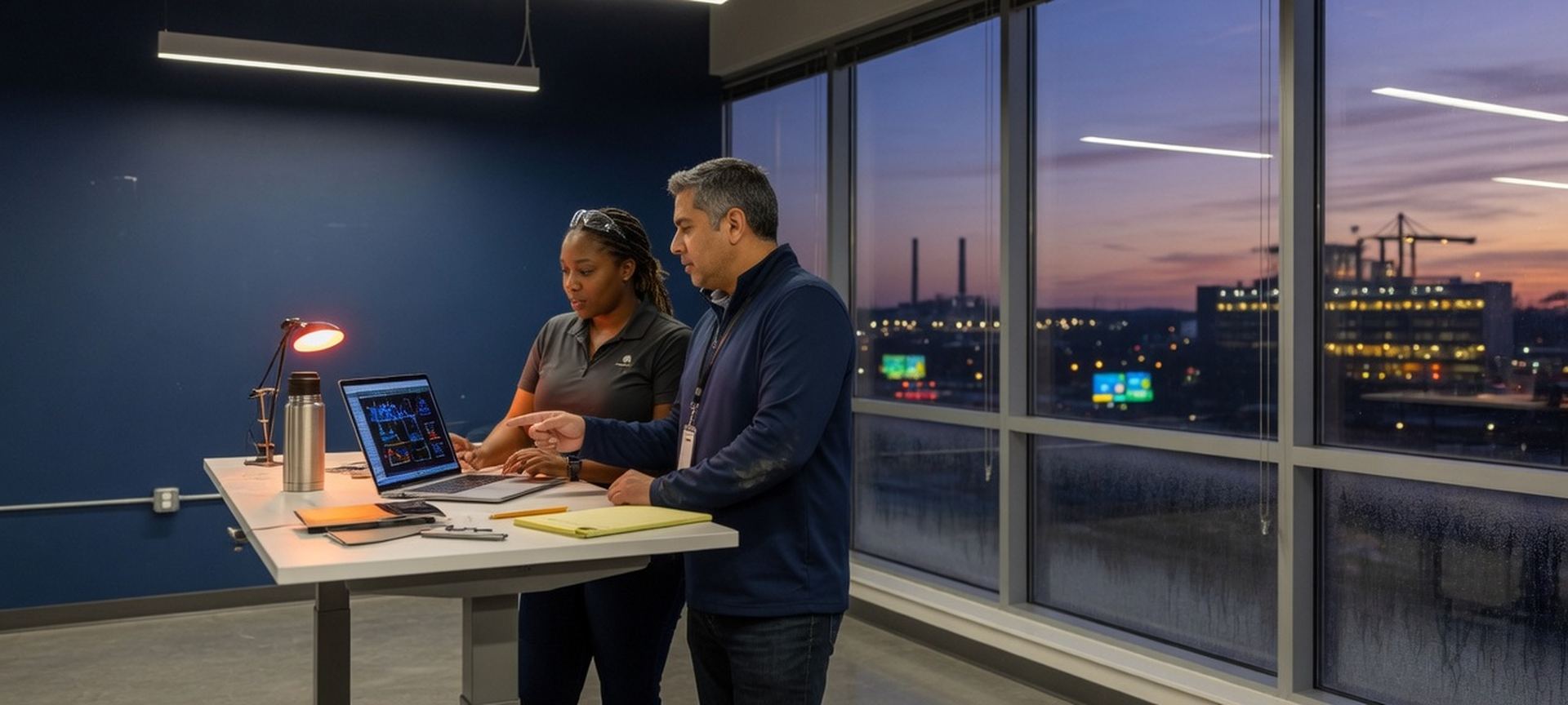 An advanced-manufacturing office with two people at a standing desk