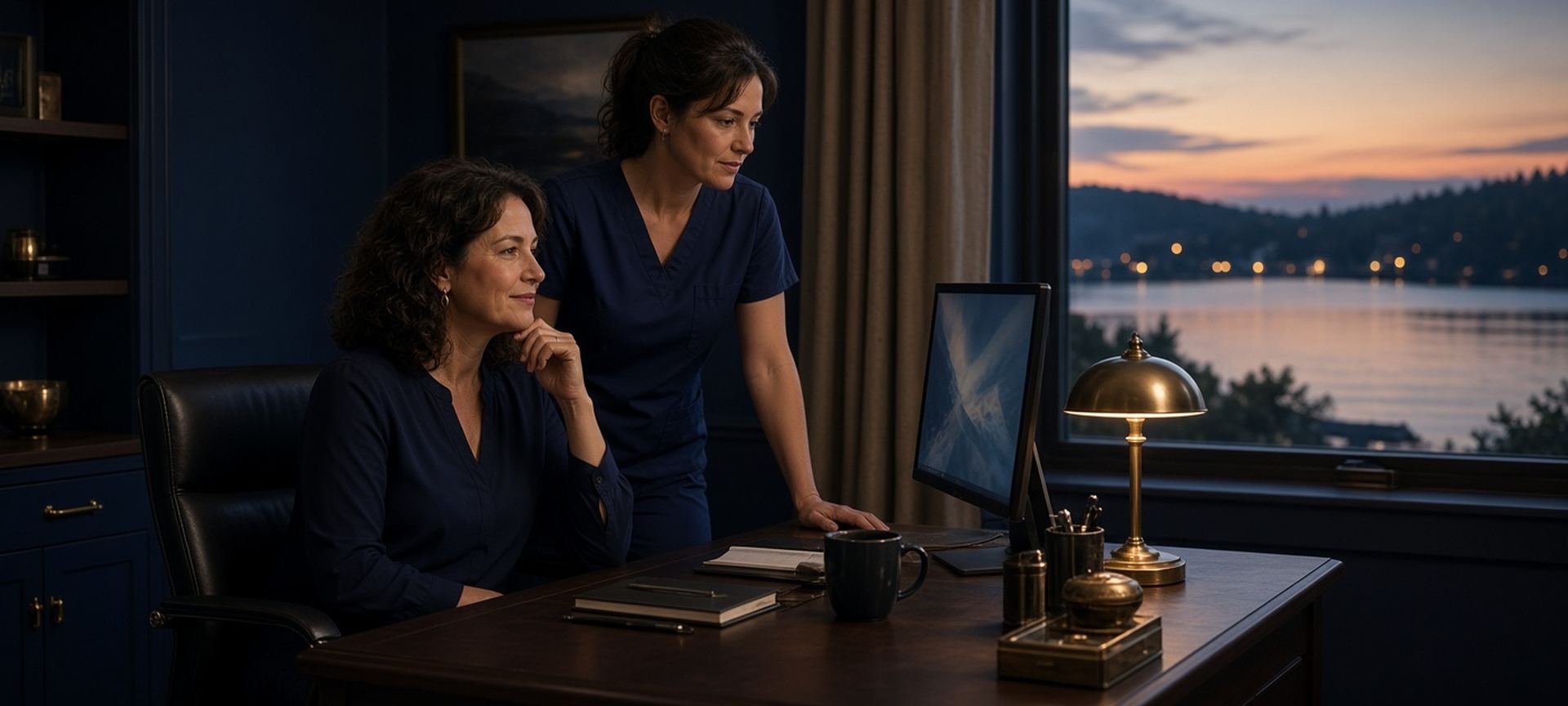 Two staff from a small medical practice reviewing a monitor in a quiet back office at dusk