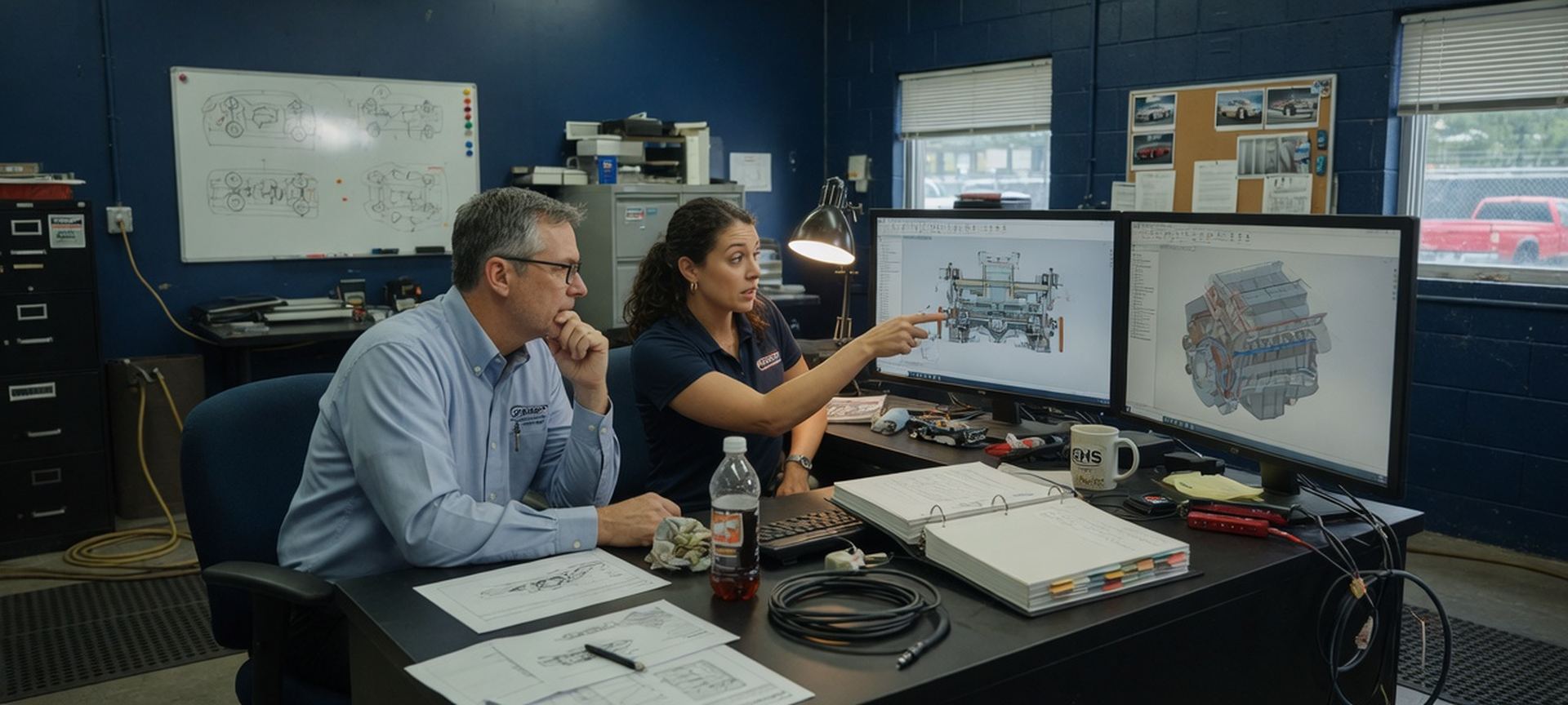 An automotive-office workstation with dual monitors