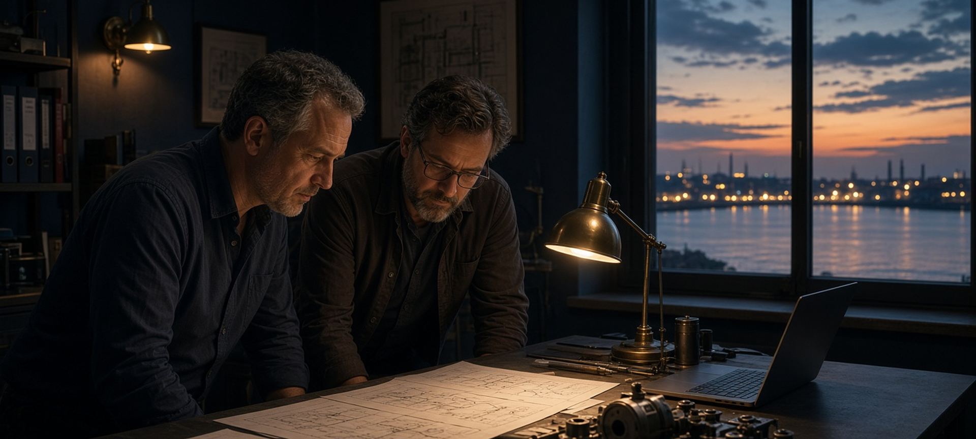 An engineer and a supplier reviewing a laptop and printed specifications in a small office at dusk
