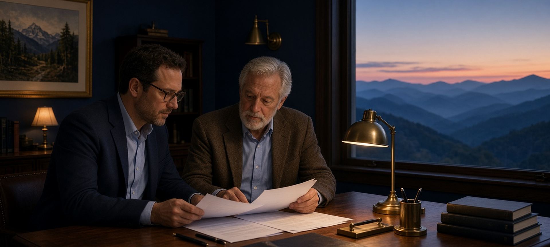 A financial adviser and a client reviewing documents at a desk in a small mountain-town office at dusk