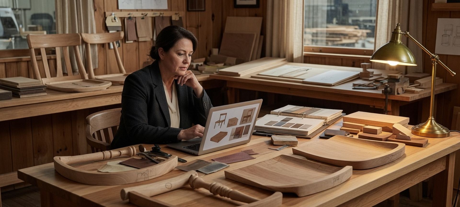 A furniture-manufacturing office with wood surfaces and a laptop