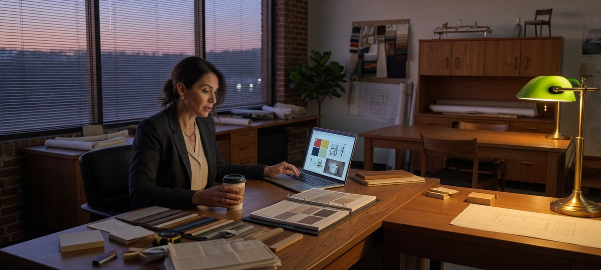 A furniture-industry office with wood desks and a laptop at dusk
