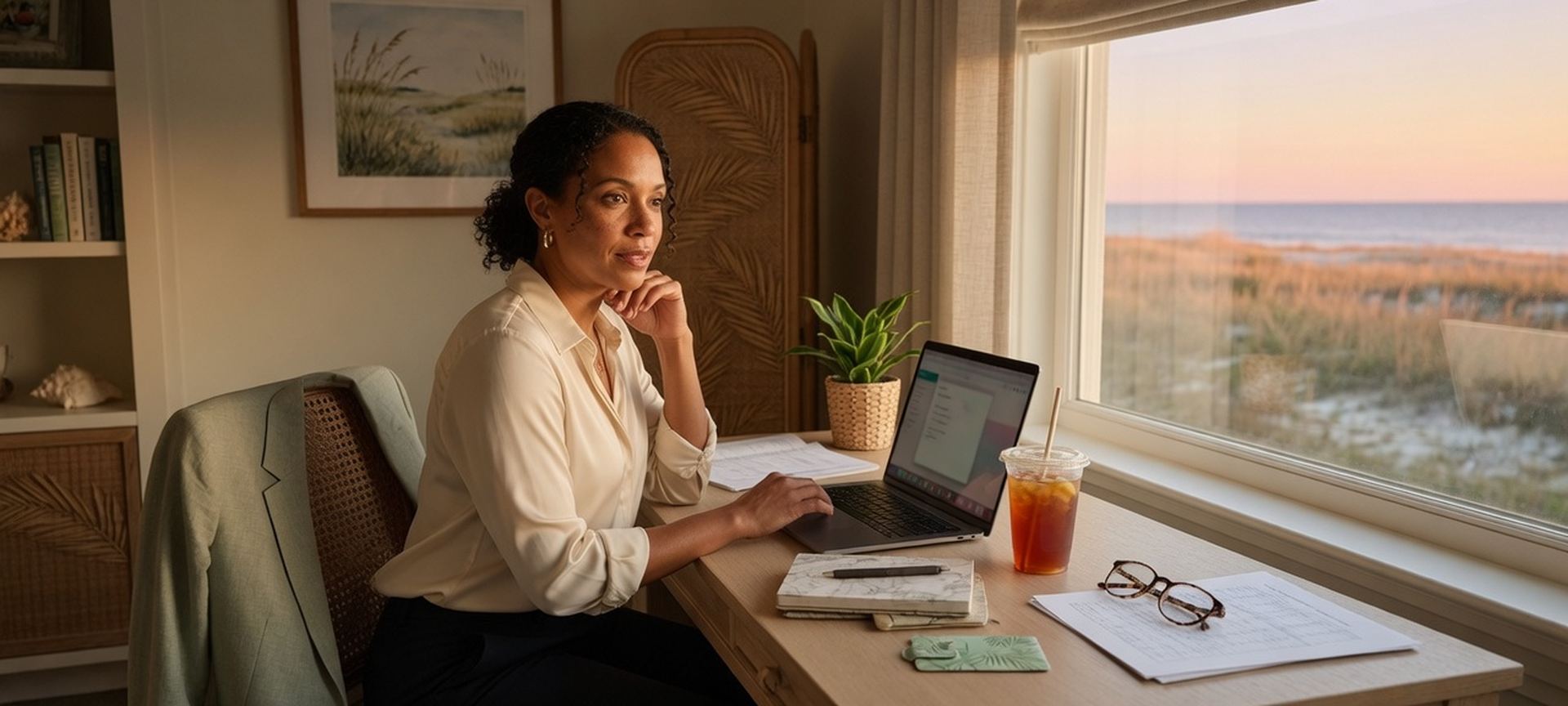 A resort-office desk with a laptop and a late-day window