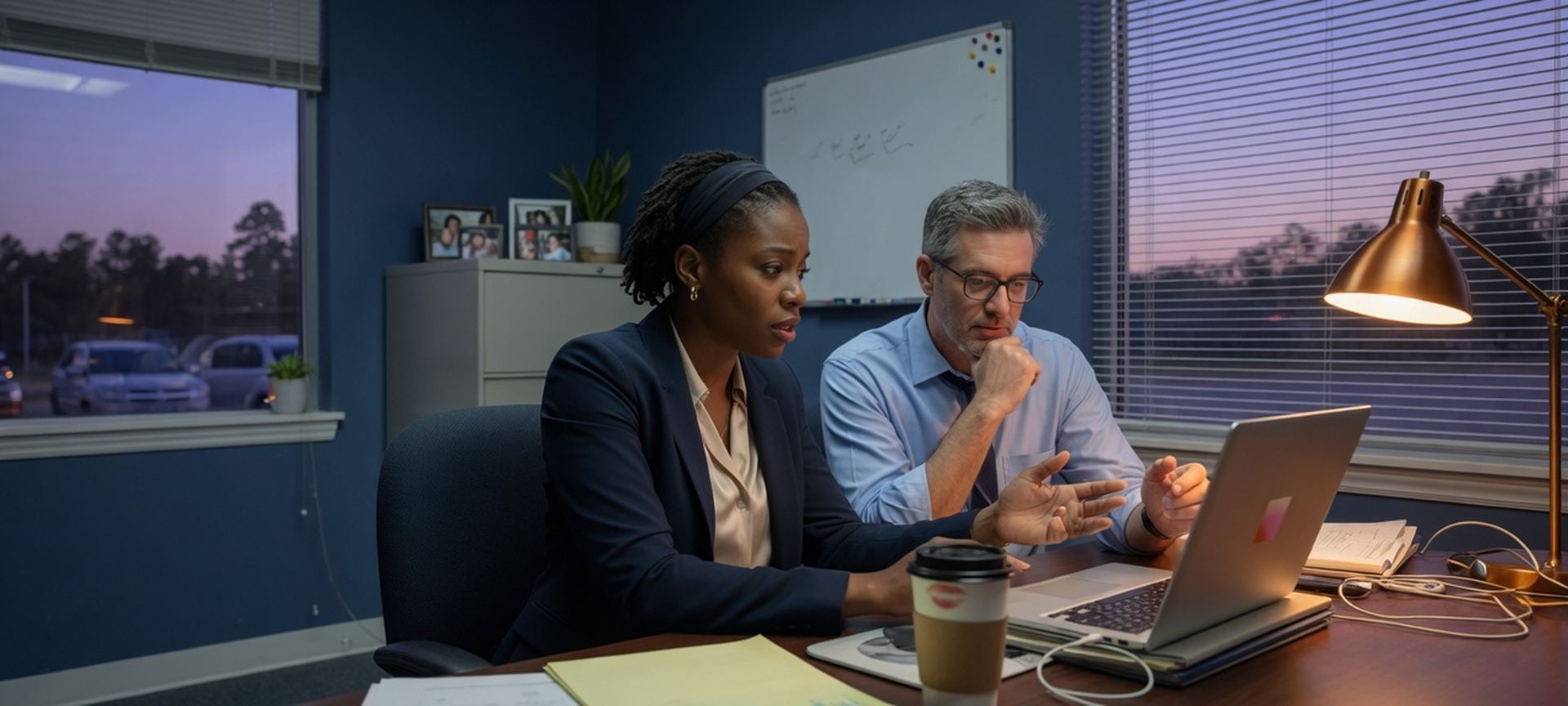 A professional-services office with two people at a laptop