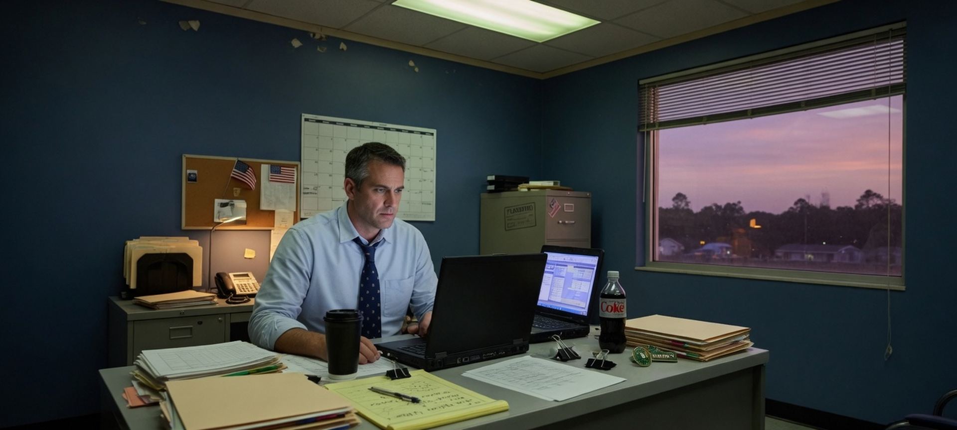 A defense-contracting office with one person at a laptop