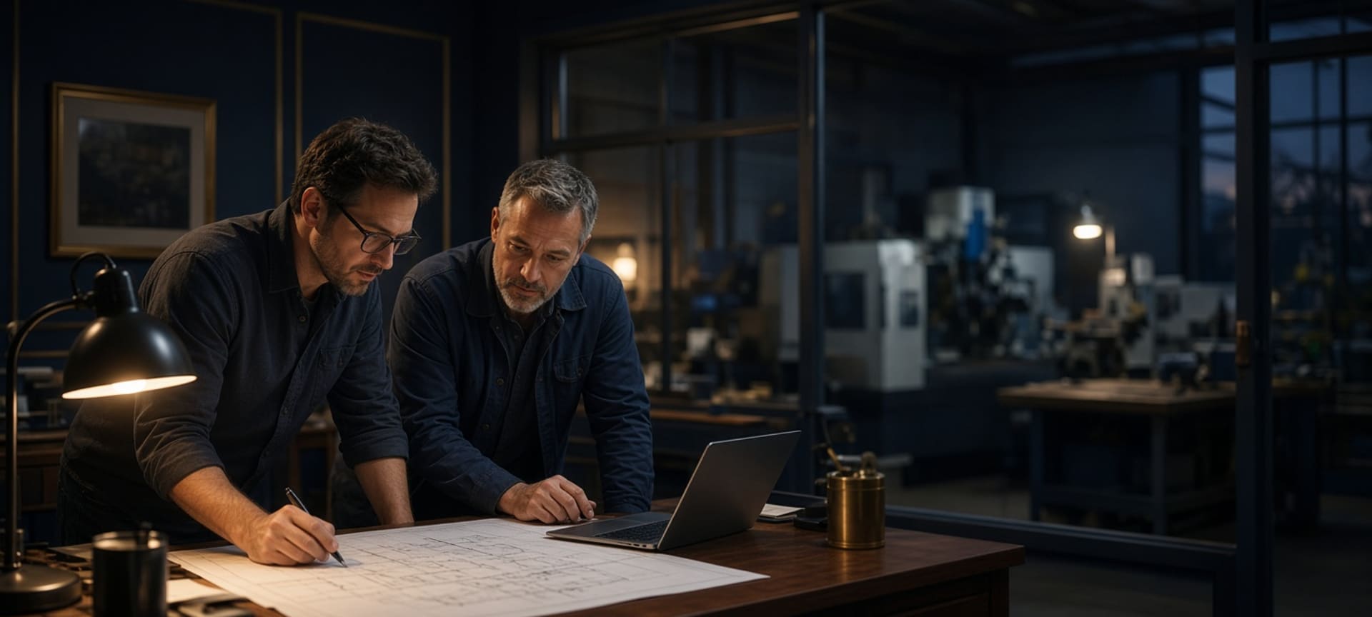 An engineer and a machine shop owner reviewing drawings and a laptop in a shop office at dusk