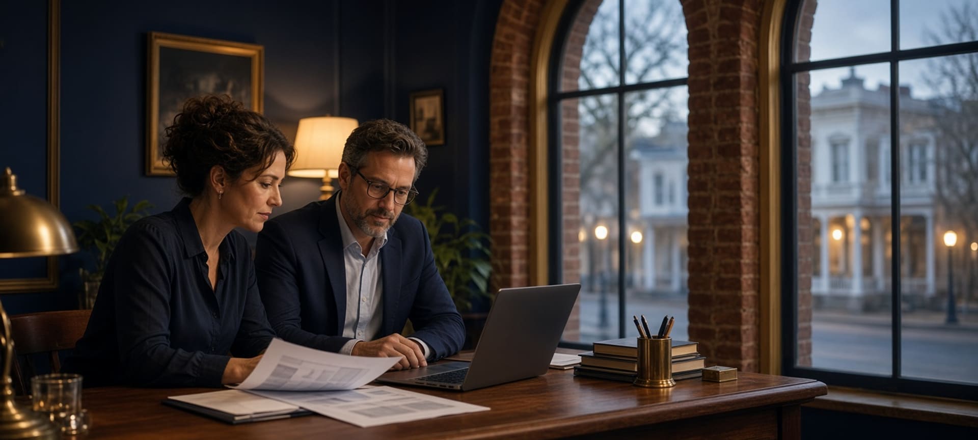 Two staff reviewing a laptop and printed reports in an older brick office at dusk
