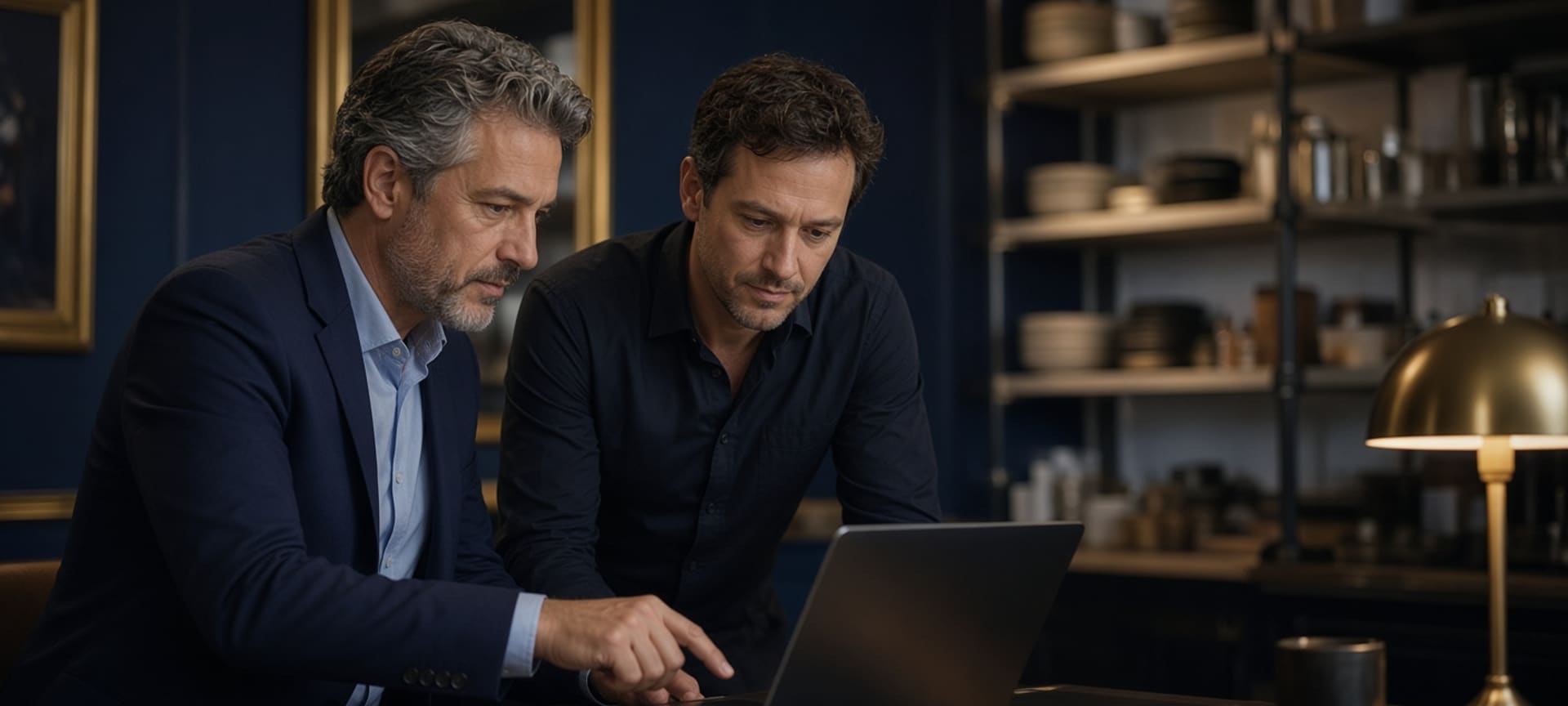 A restaurant group owner and a manager reviewing sales figures on a laptop in a back office at dusk