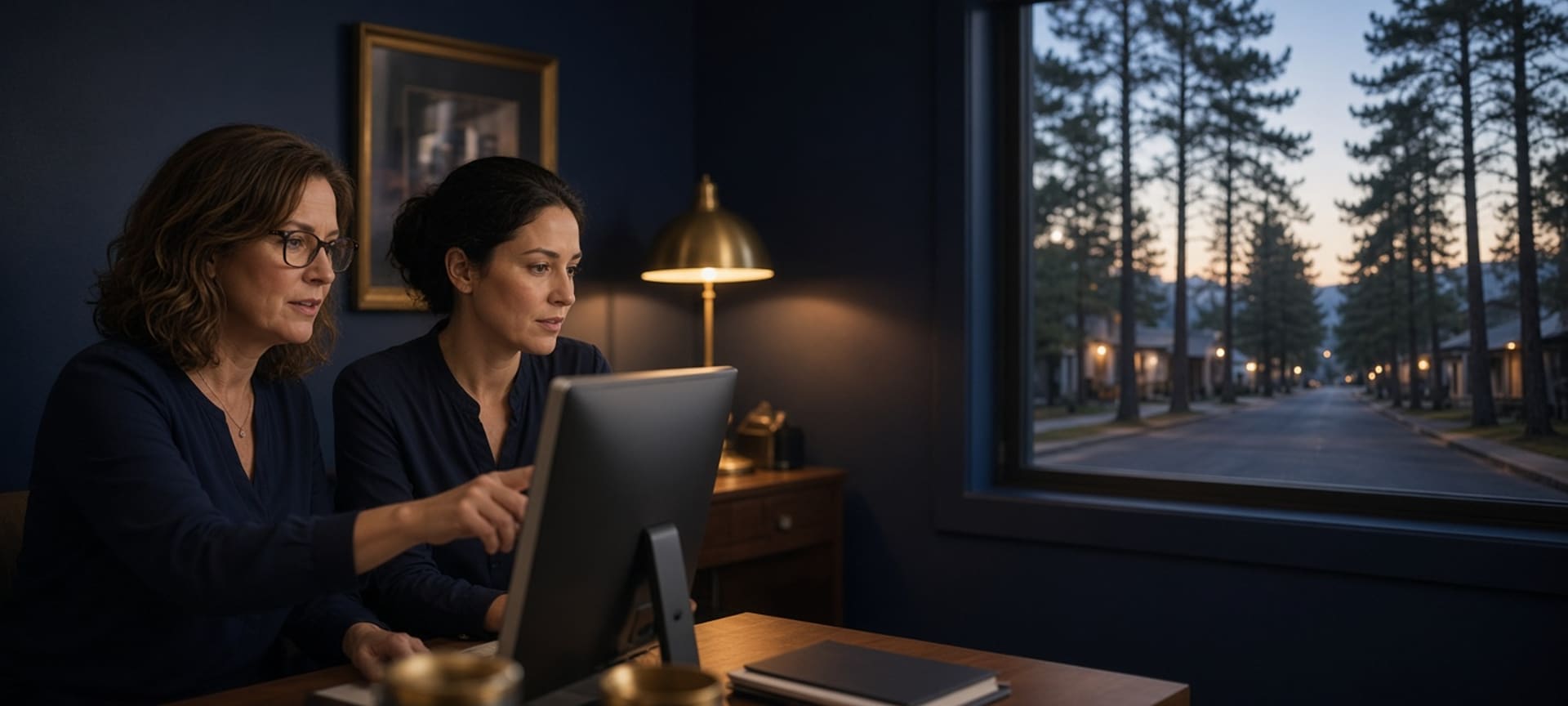 A clinic manager and a colleague reviewing a monitor in a small medical office at dusk