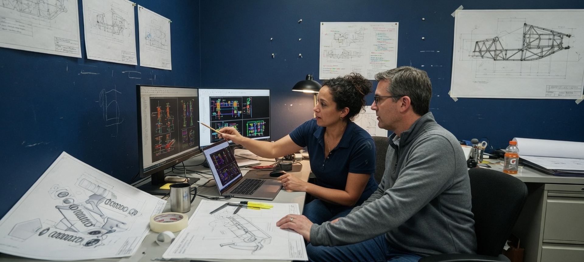 An engineering office with dual monitors and technical drawings beside a laptop