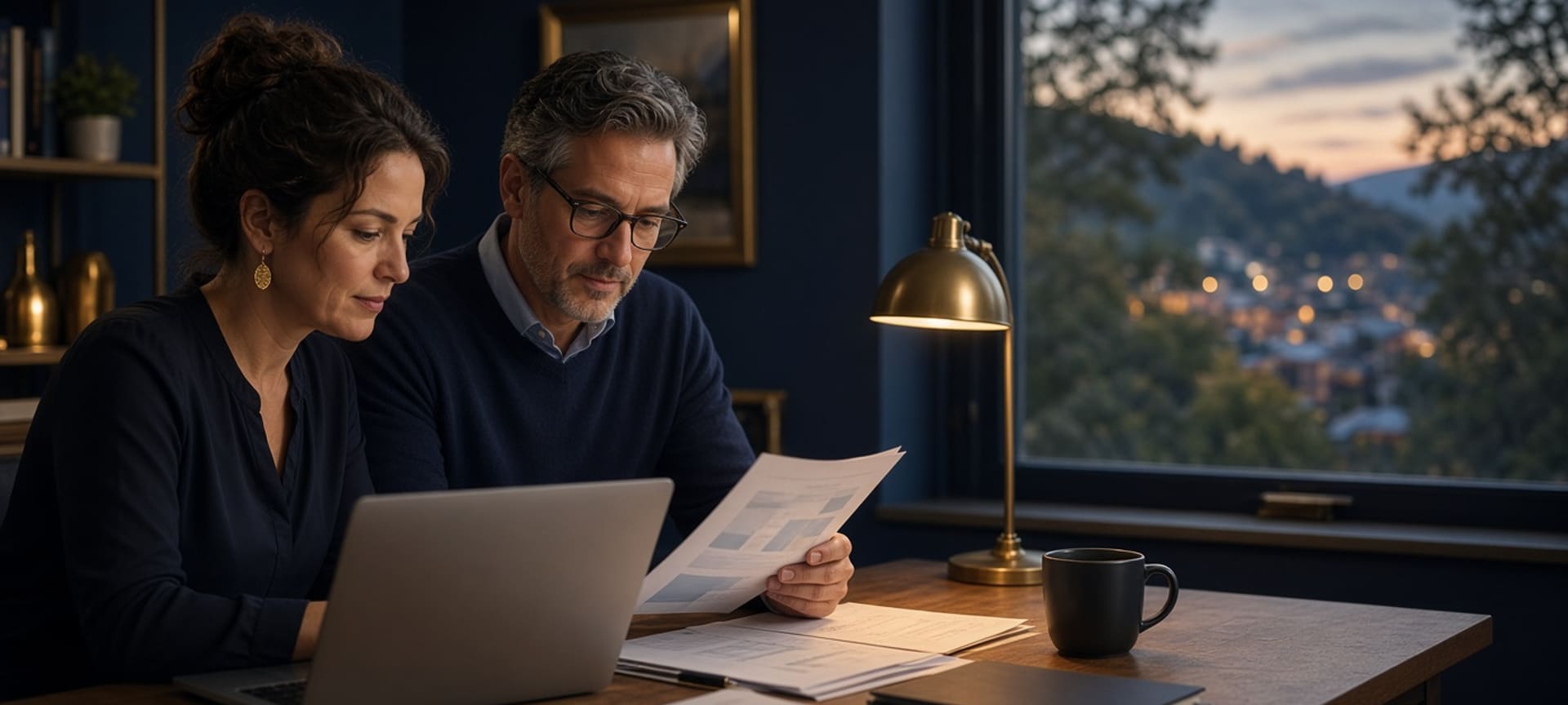 A nonprofit finance lead and a program director reviewing a laptop in a foothills office at dusk