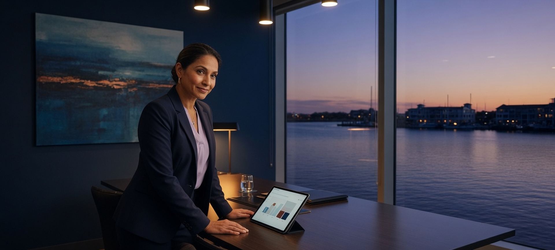 A professional-services office with a tablet and a water-view dusk window