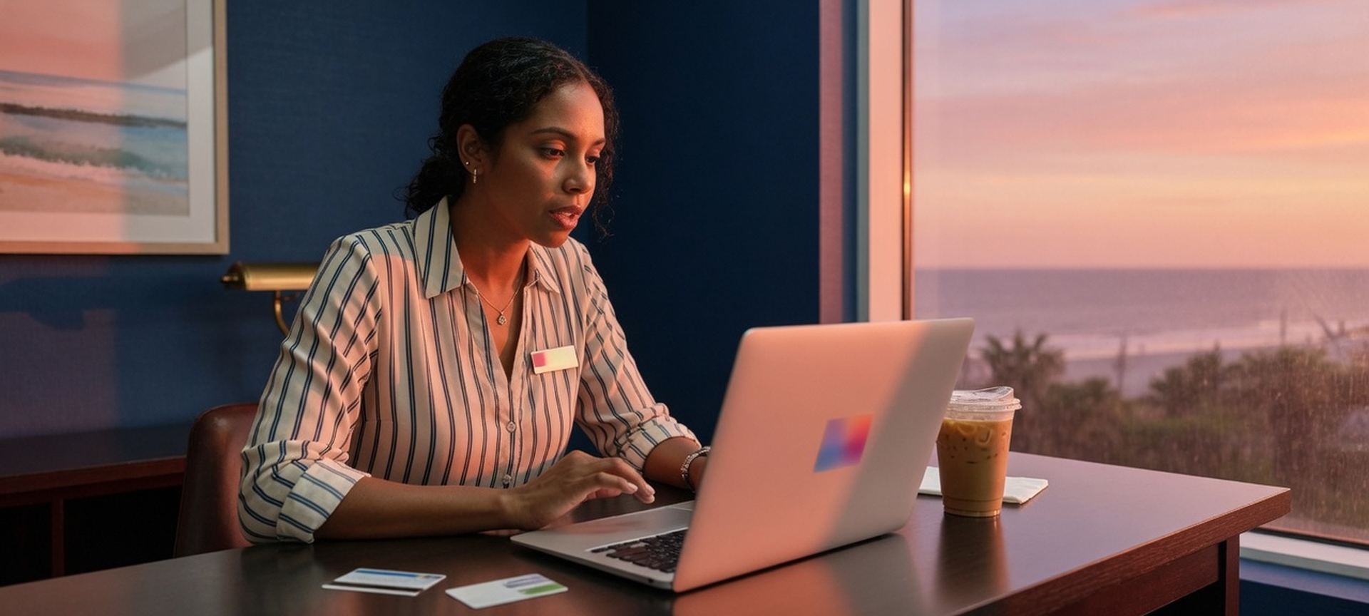 A hospitality-office laptop beside a bright dusk window