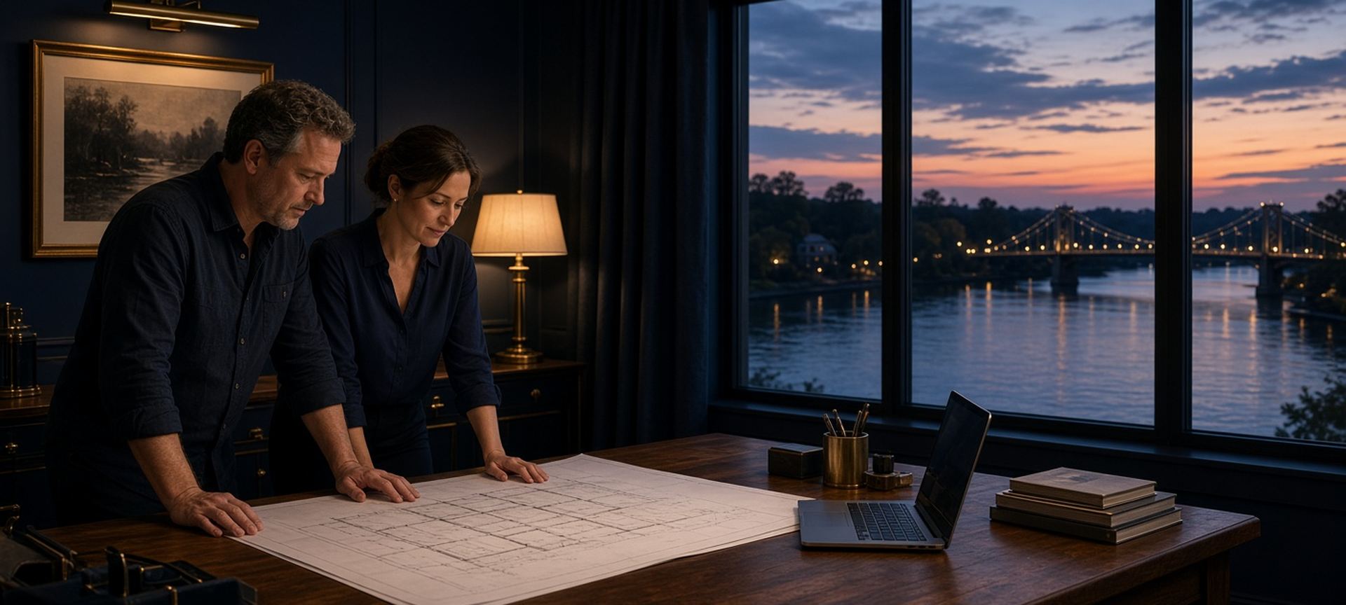 A home builder and an office manager reviewing plans and a laptop in a riverside office at dusk
