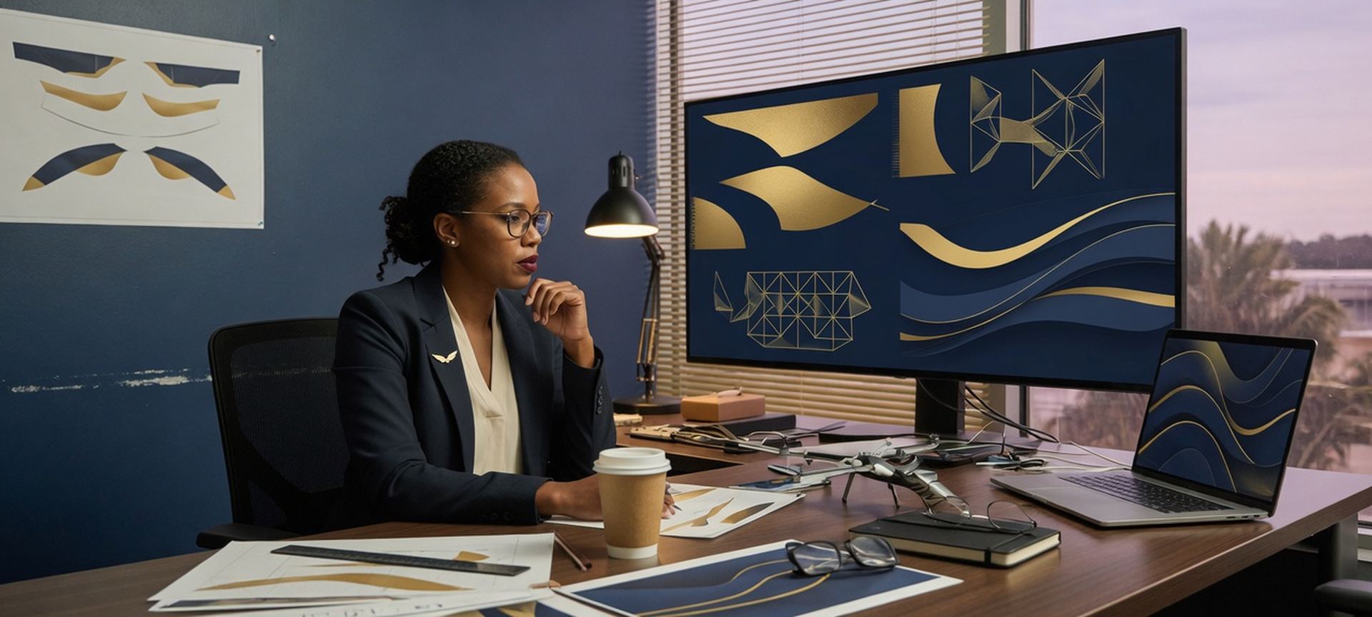 An aerospace-office desk with a large monitor and a laptop