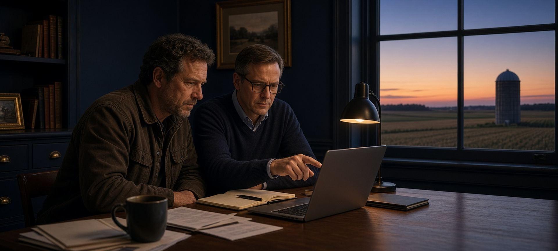 A farm business owner and an accountant reviewing figures on a laptop in a rural office at dusk