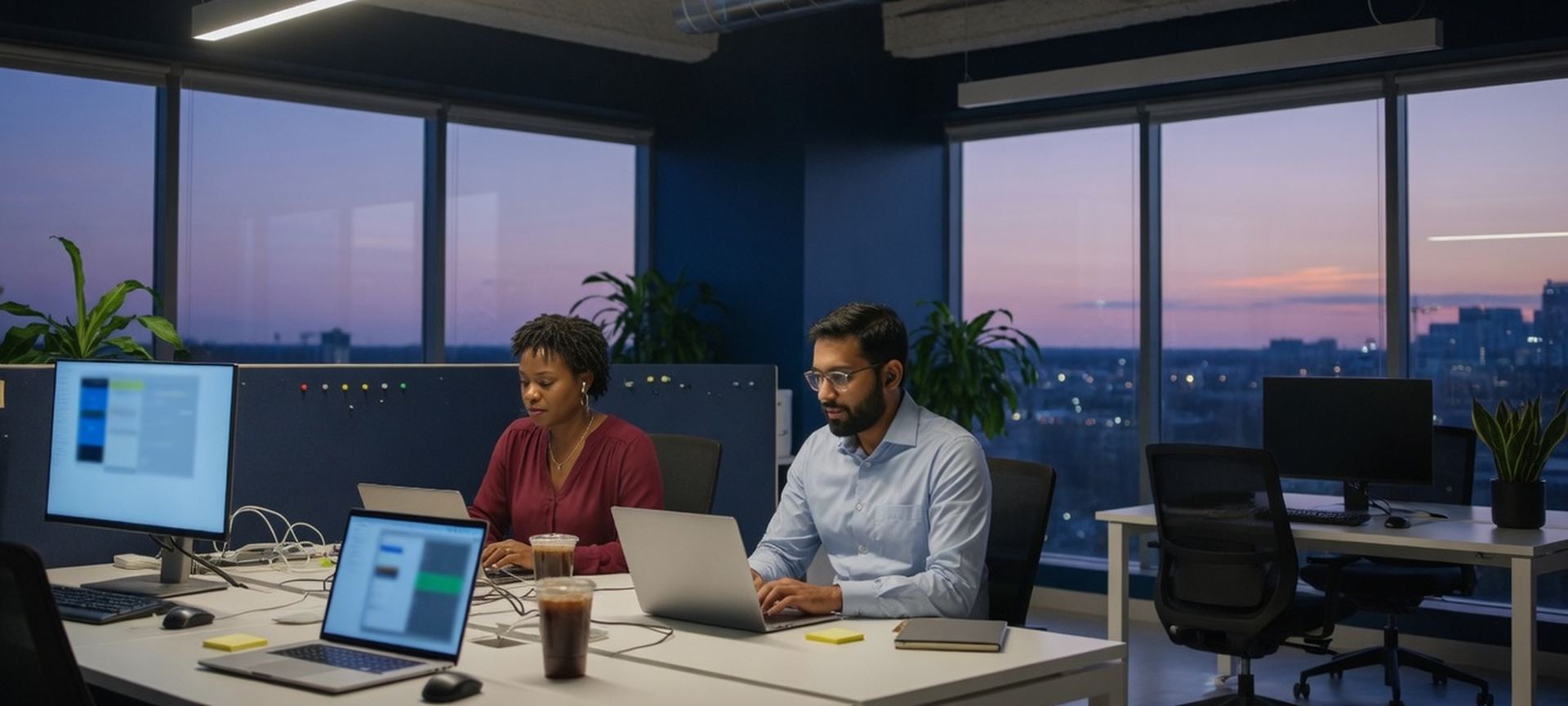 Professionals in a software-office setting reviewing laptops at dusk