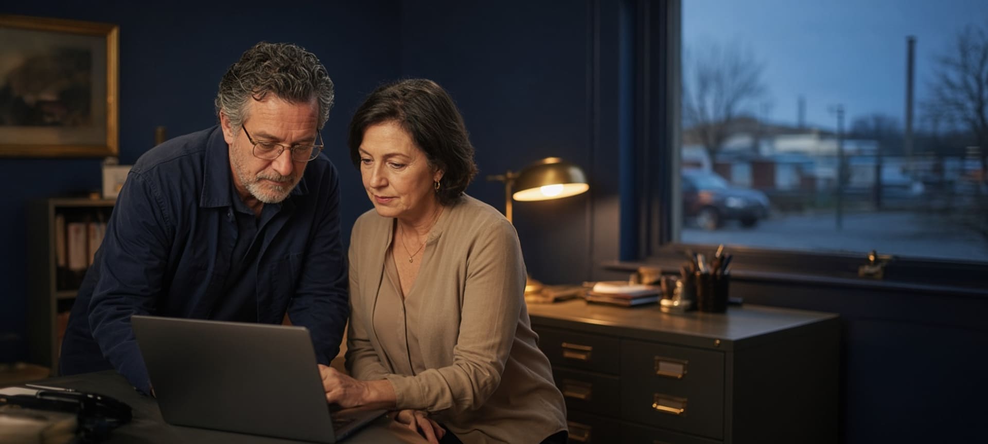 A plant owner and a long-serving office manager reviewing a laptop in a small manufacturing office at dusk