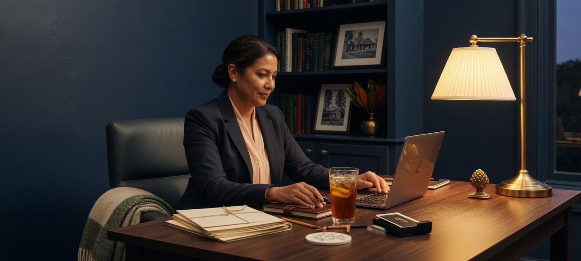 A hospitality-office desk with a laptop and warm lamp light