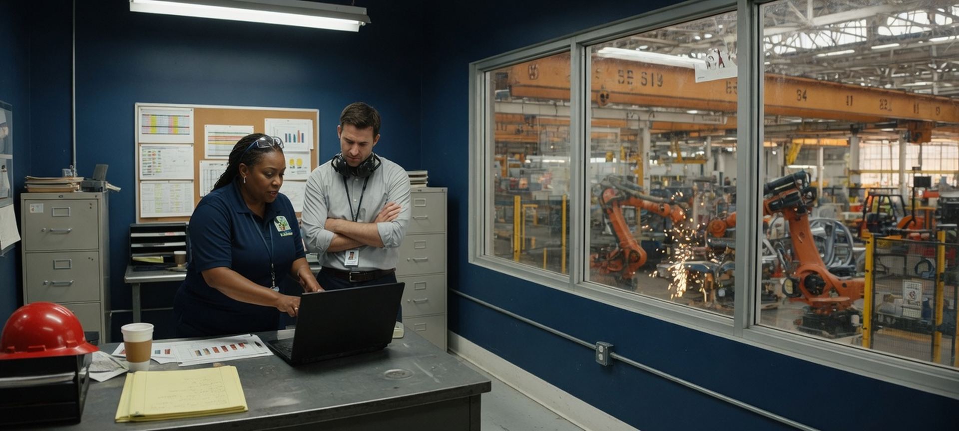 An automotive-plant office with a laptop and factory glass