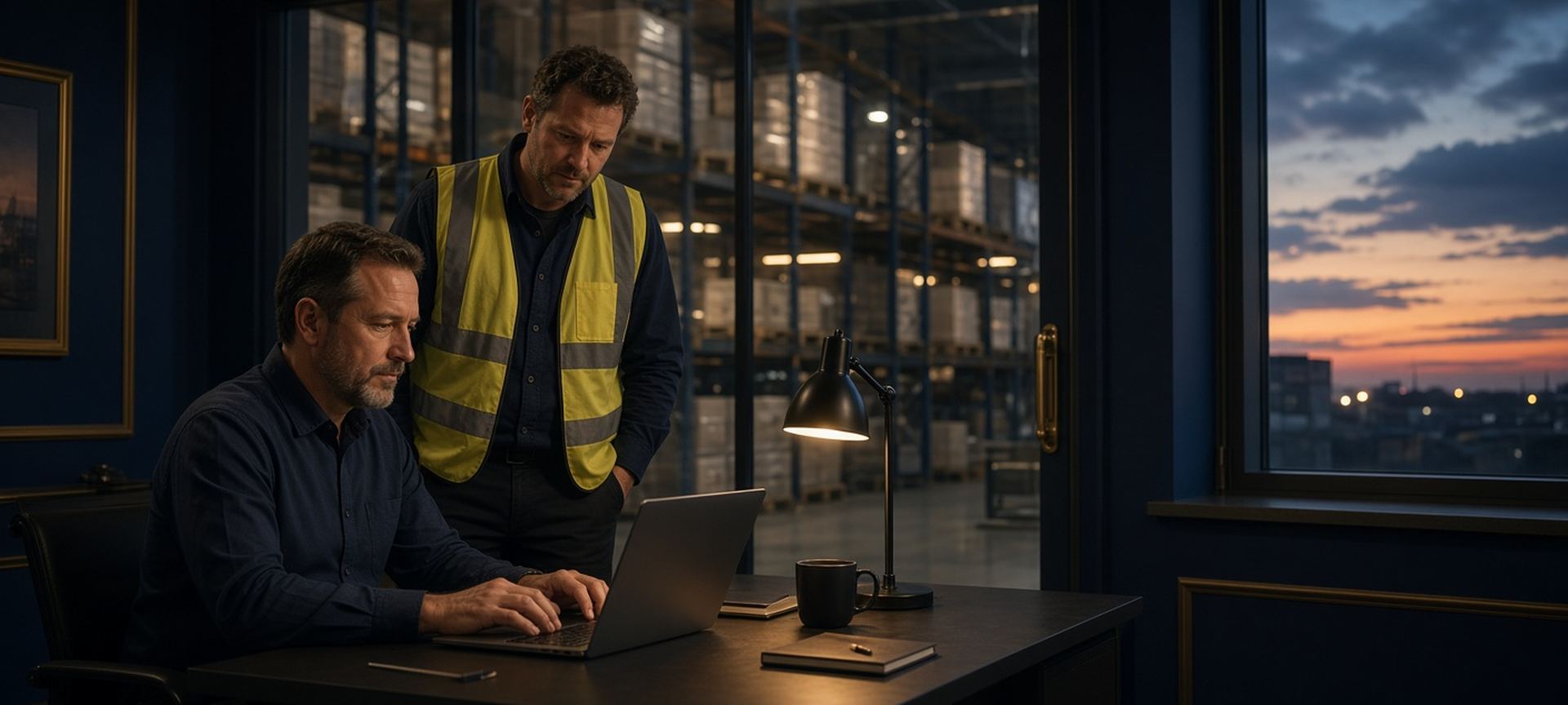 A logistics manager and a colleague reviewing a laptop in a warehouse office at dusk