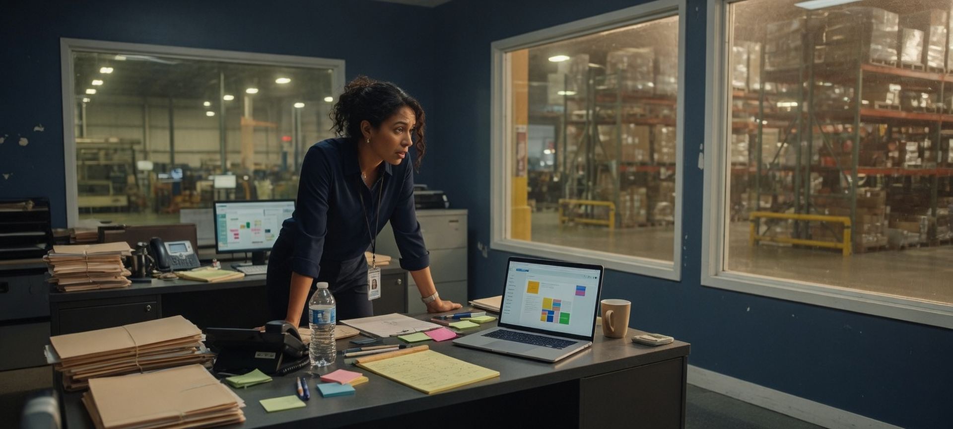 A distribution-office desk with a laptop near warehouse glass