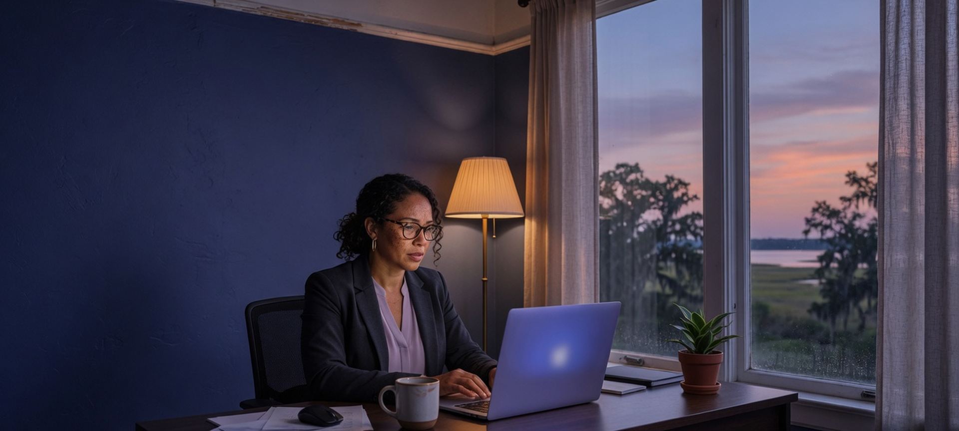 A coastal dusk office with a laptop beside a tall window