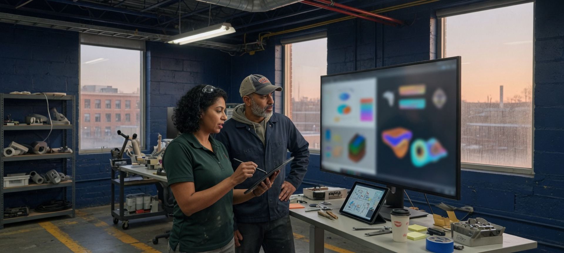 An advanced-manufacturing office with a tablet and a large monitor