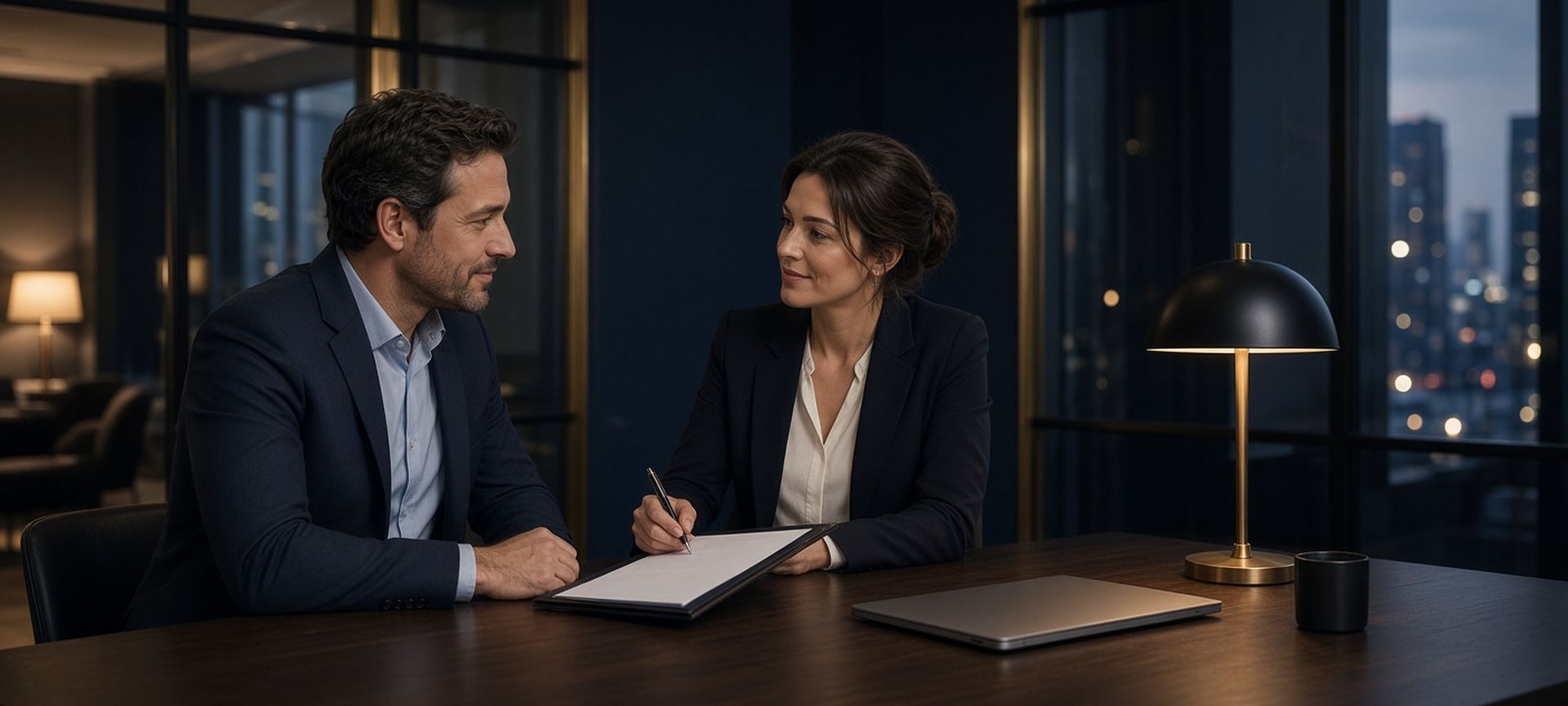 Two professionals reviewing a written agreement at a meeting table in an office at dusk