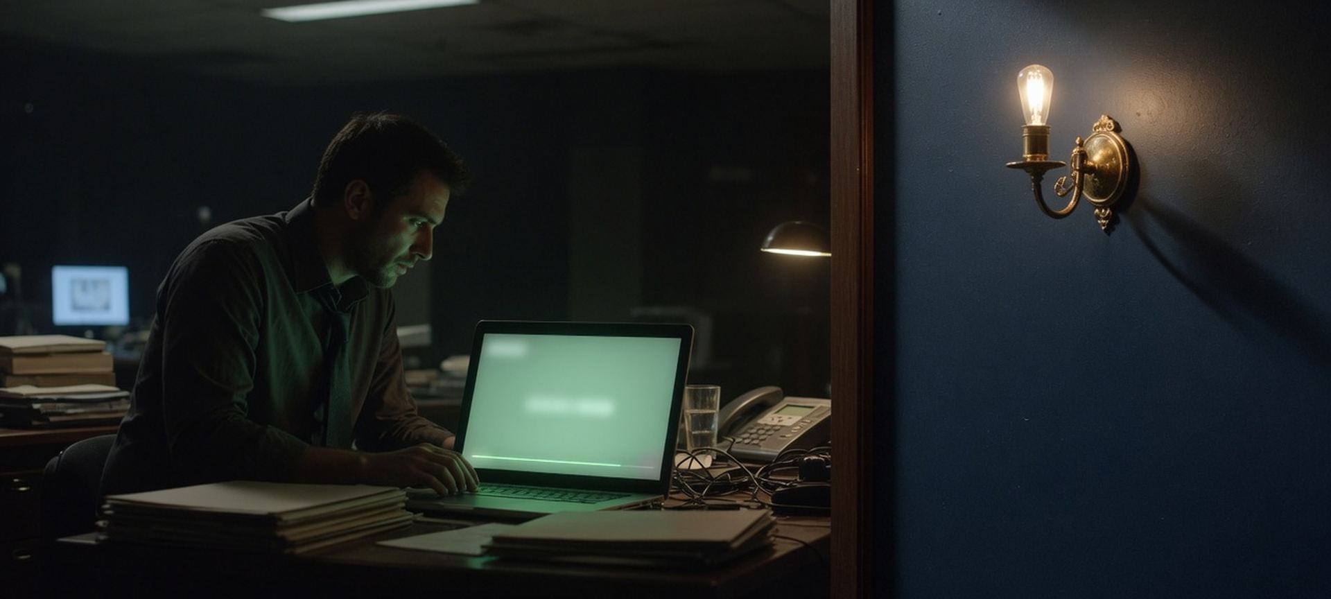 A professional checking a status dashboard on a laptop in a dark office