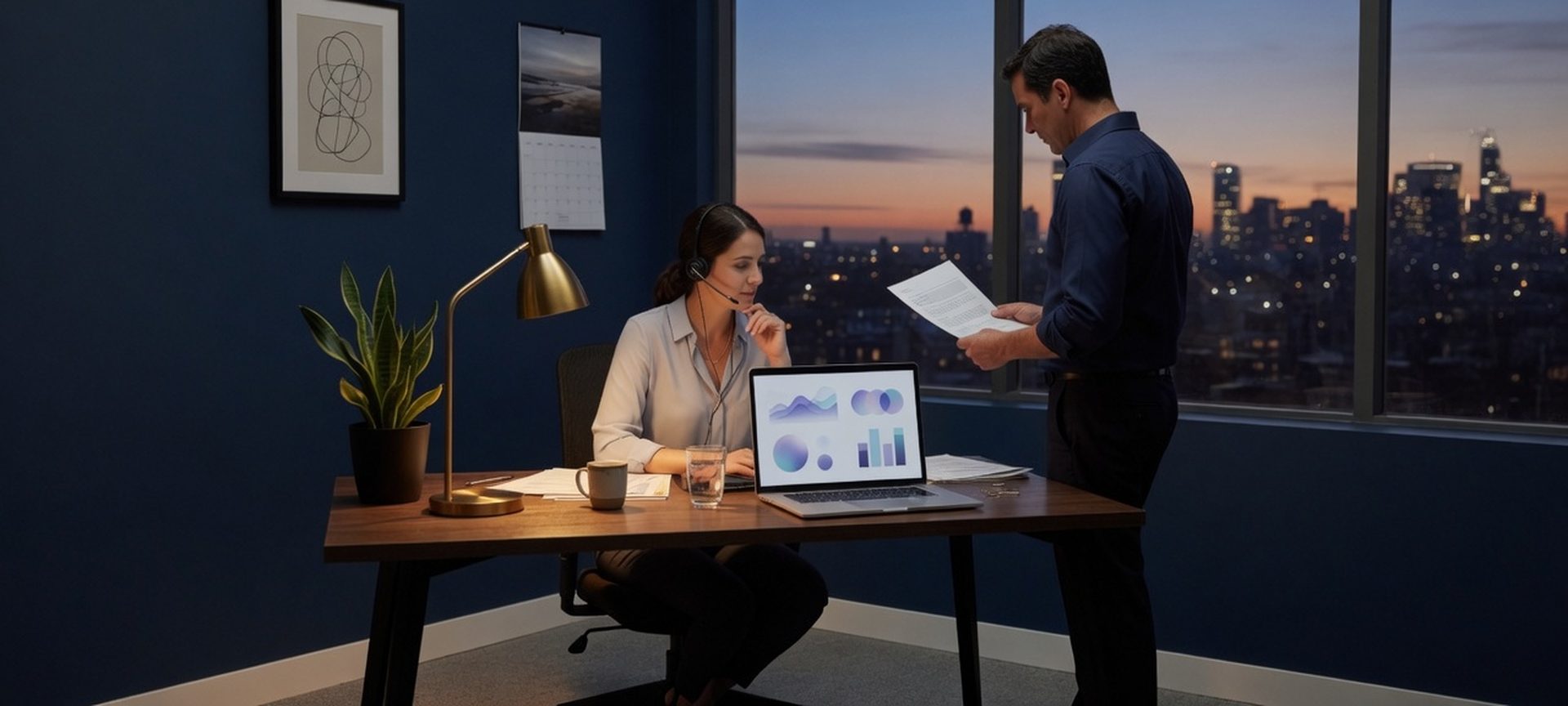 A person with a headset at a desk in a small office at dusk, while a colleague reads a note