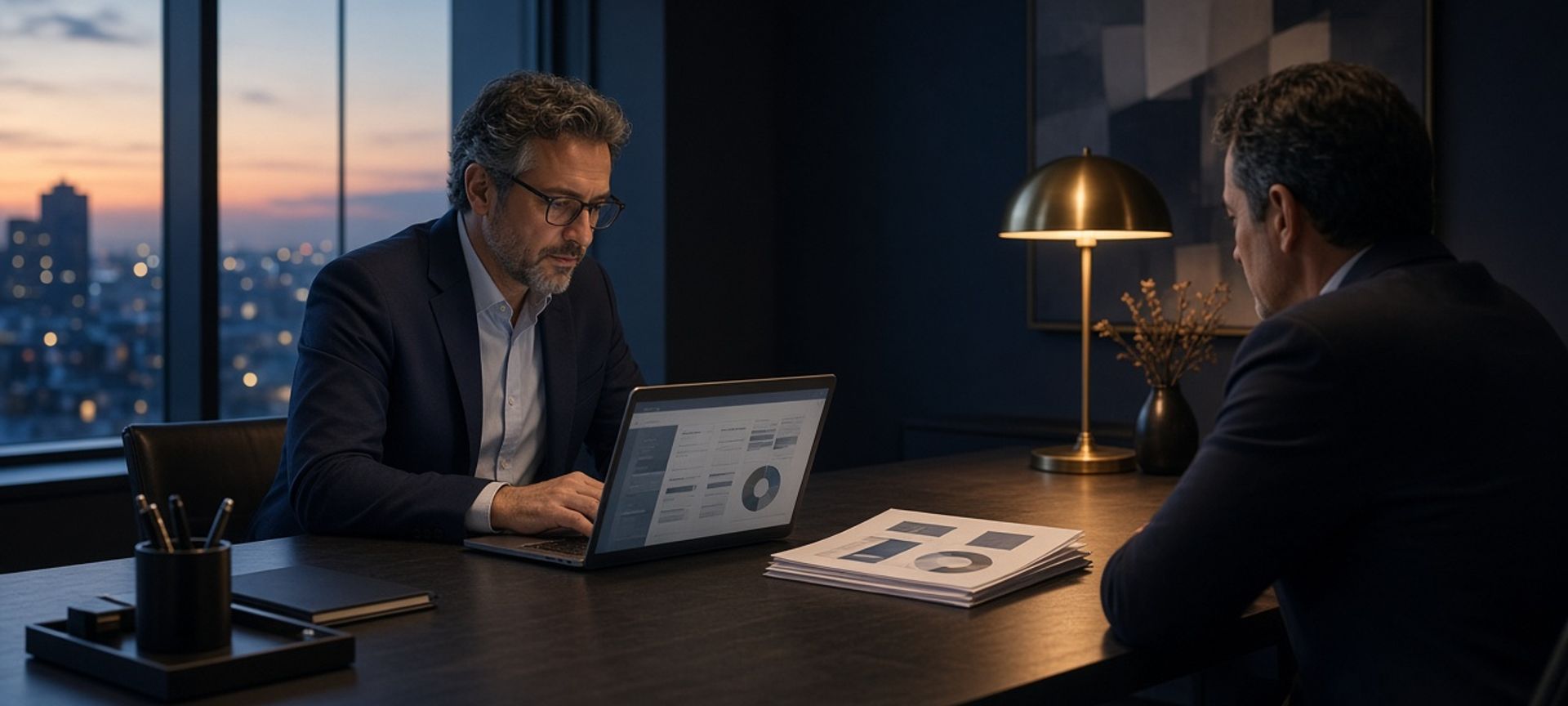 A committee member reviewing figures on a laptop at a boardroom table beside printed summaries